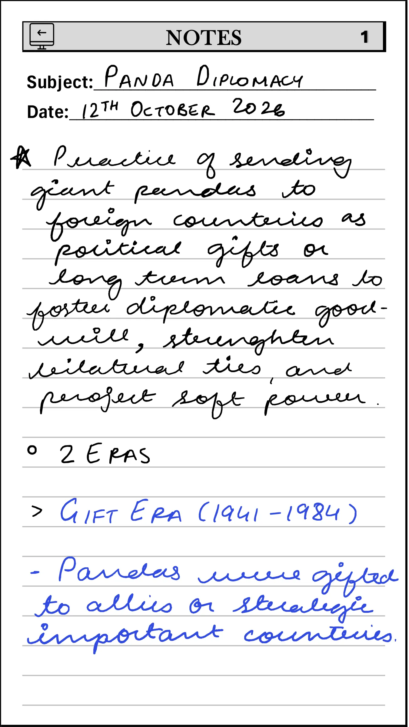 Panda Diplomacy, first handwritten page